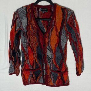 Vintage COOGI Australia Red Orange Grey Textured Knit Button Up Cardigan XS